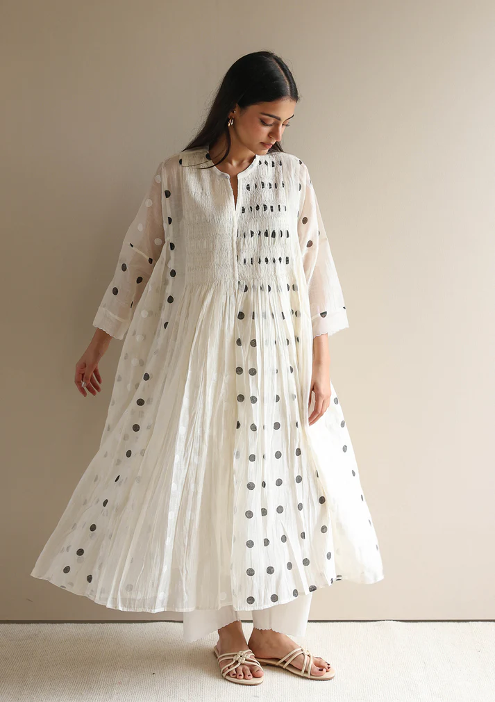 Ivory and Black Pintuck Polka Kurta Set